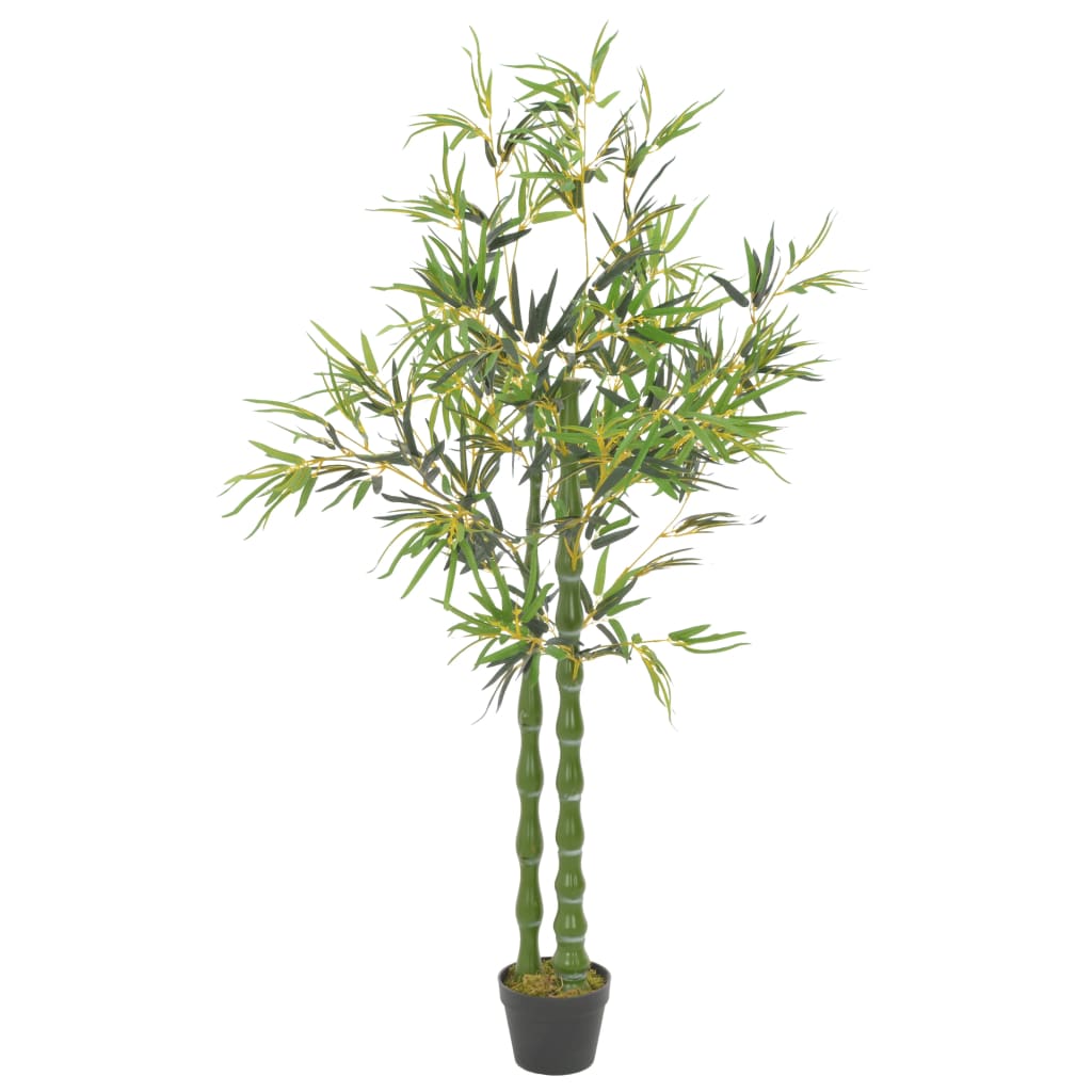 63-inch artificial bamboo plant in green with variegated leaves in a black pot.