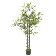 63-inch artificial bamboo plant in green with variegated leaves in a black pot.