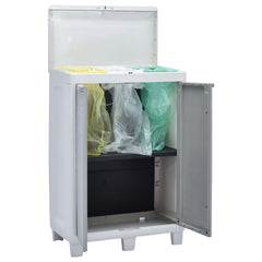 A light gray plastic garden dustbin with three bag holders and an open door.