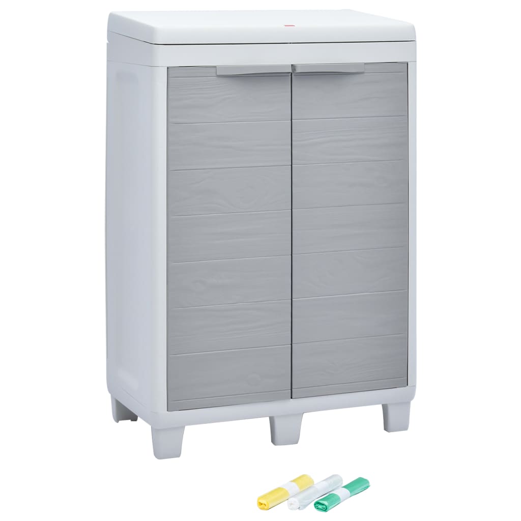 Light gray plastic garden dustbin with two doors and three colorful bag rolls.