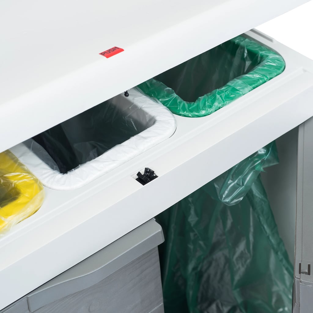 Light gray plastic garden dustbin with three bag holders and a push-button lid.