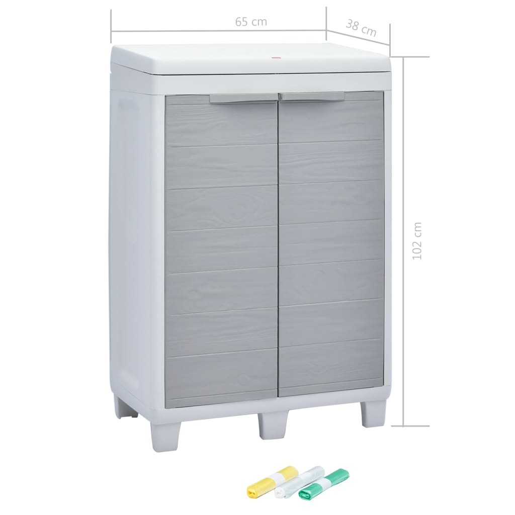 Light gray plastic garden dustbin with three bag holders, measuring 65x38x102 cm.