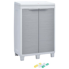 Light gray plastic garden dustbin with two doors and three colorful bag rolls.