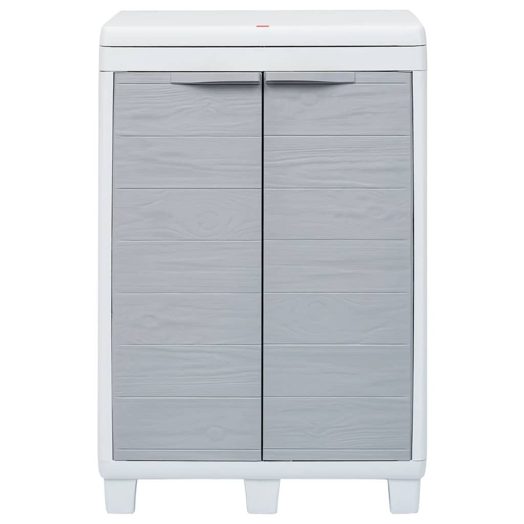Light gray plastic garden dustbin with two doors and a wood-grain texture.