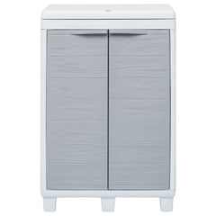Light gray plastic garden dustbin with two doors and a wood-grain texture.