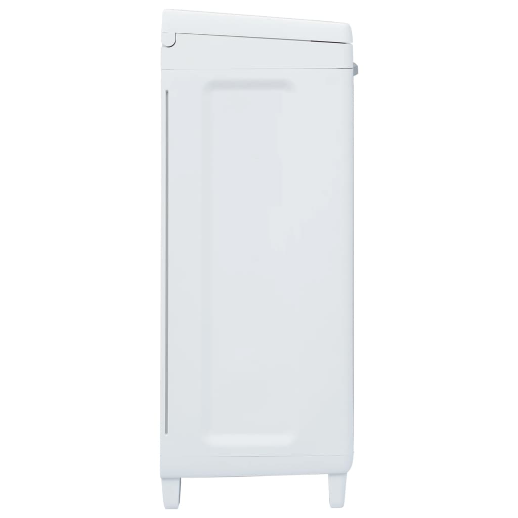 Light gray plastic garden dustbin with a sloped lid and four feet.