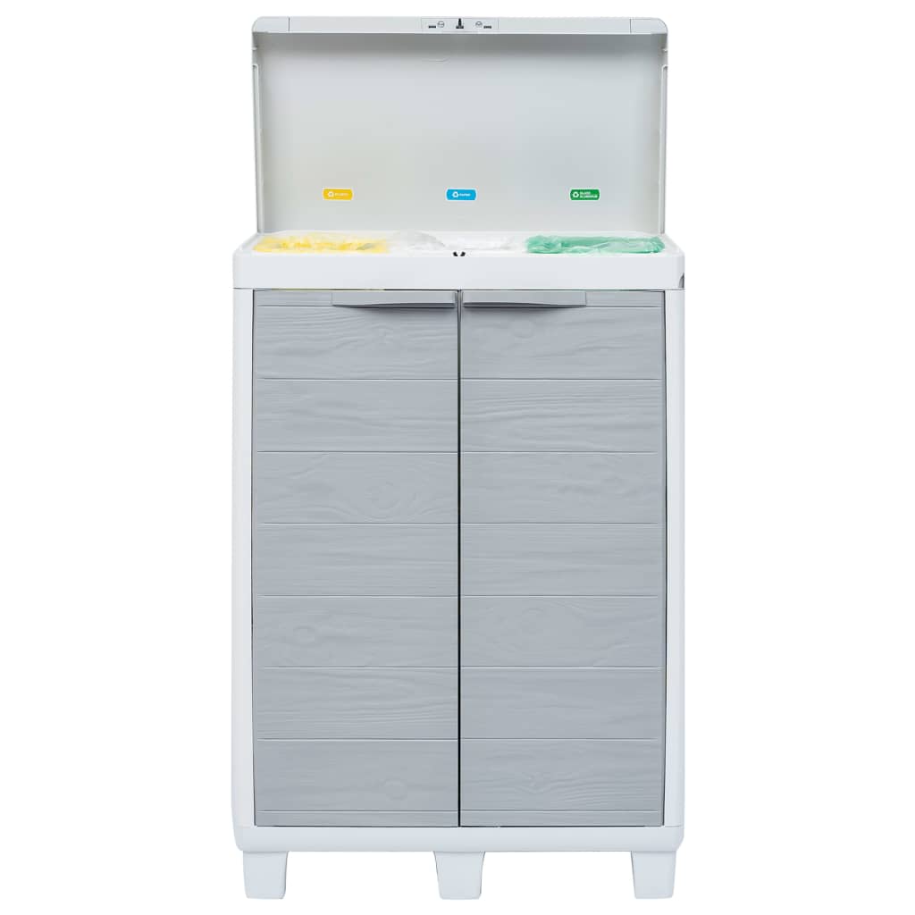 Light gray plastic garden dustbin with three bag holders and an open lid.