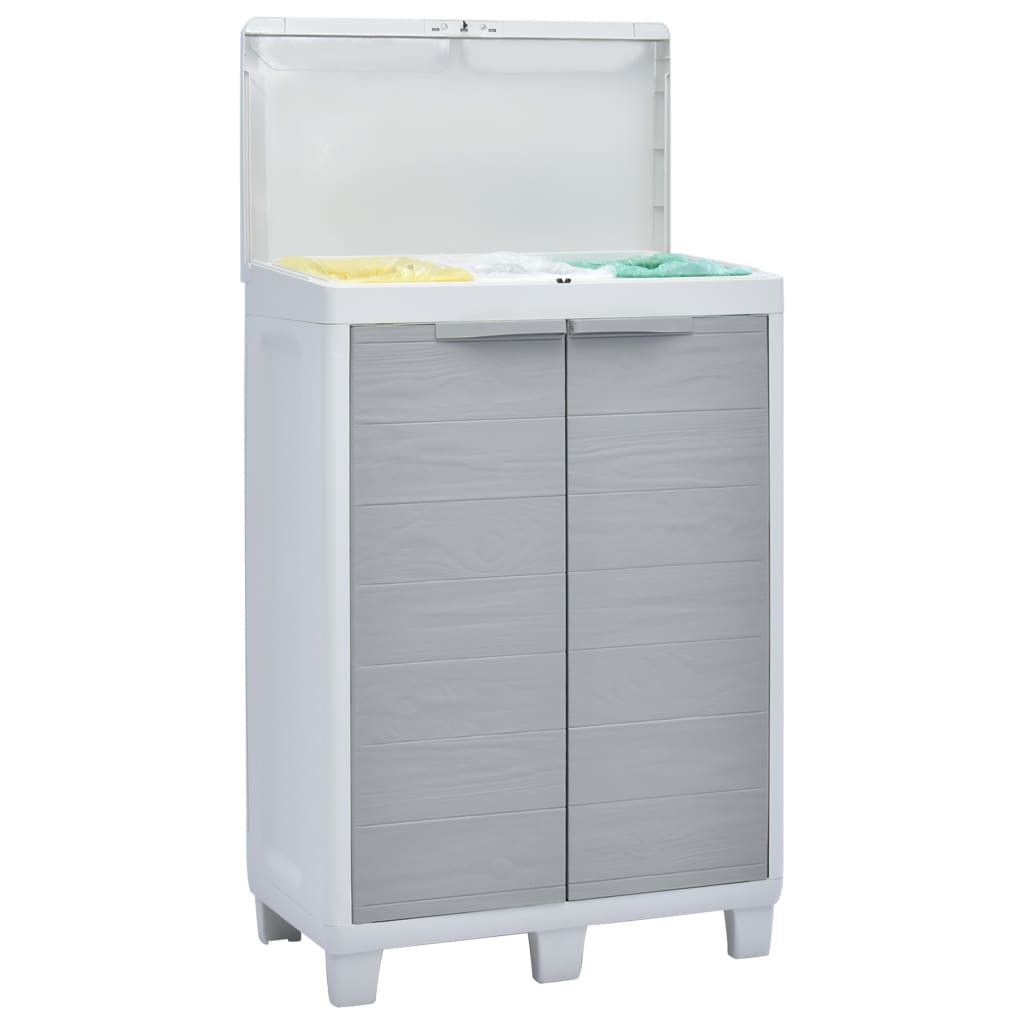 A light gray plastic garden dustbin with three bag holders and a wood-grain textured front.