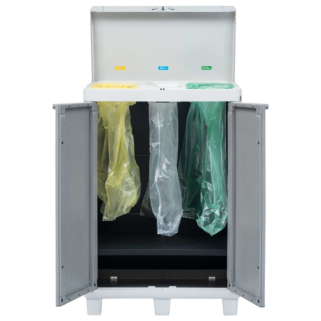 A light gray plastic garden dustbin with three clear, yellow, and green trash bags inside.