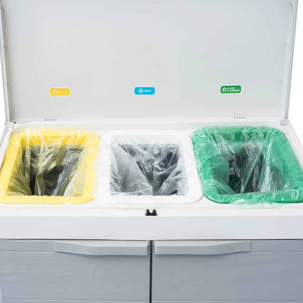 A light gray plastic garden dustbin with three internal bag holders for recycling.