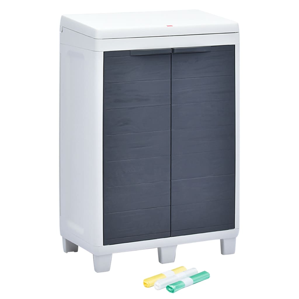 Dark gray plastic garden dustbin with white lid and three colored bag holders.