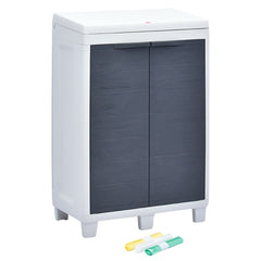 Dark gray plastic garden dustbin with white lid and three colored bag holders.