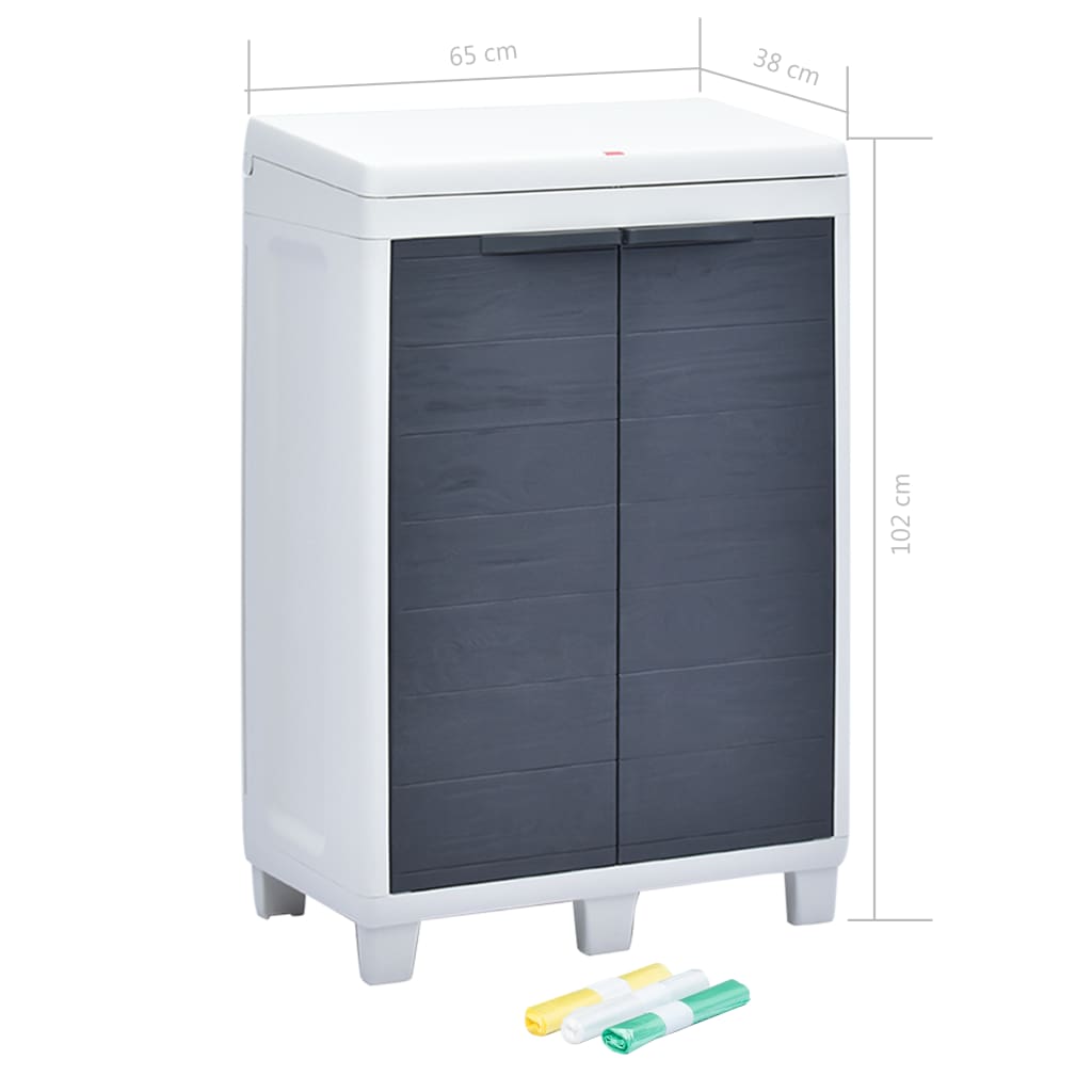 White and dark gray plastic garden dustbin with double doors, lid, and three bag holders, dimensions 25.6x15x40.2 cm.