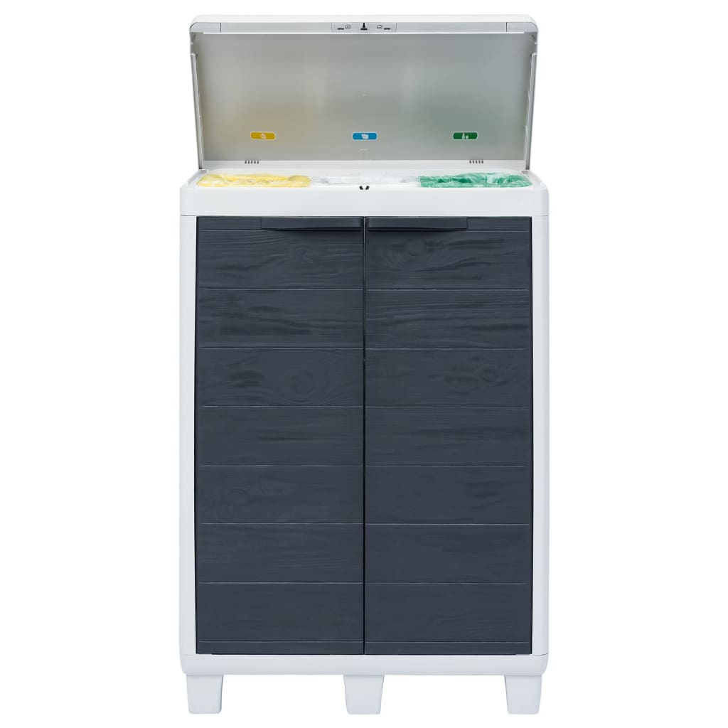 Dark gray plastic garden dustbin with open lid and three color-coded bag holders for sorting waste.
