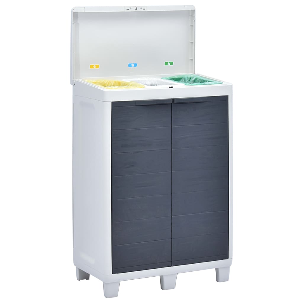 Dark gray plastic garden dustbin with open lid revealing three color-coded bag holders and double doors.