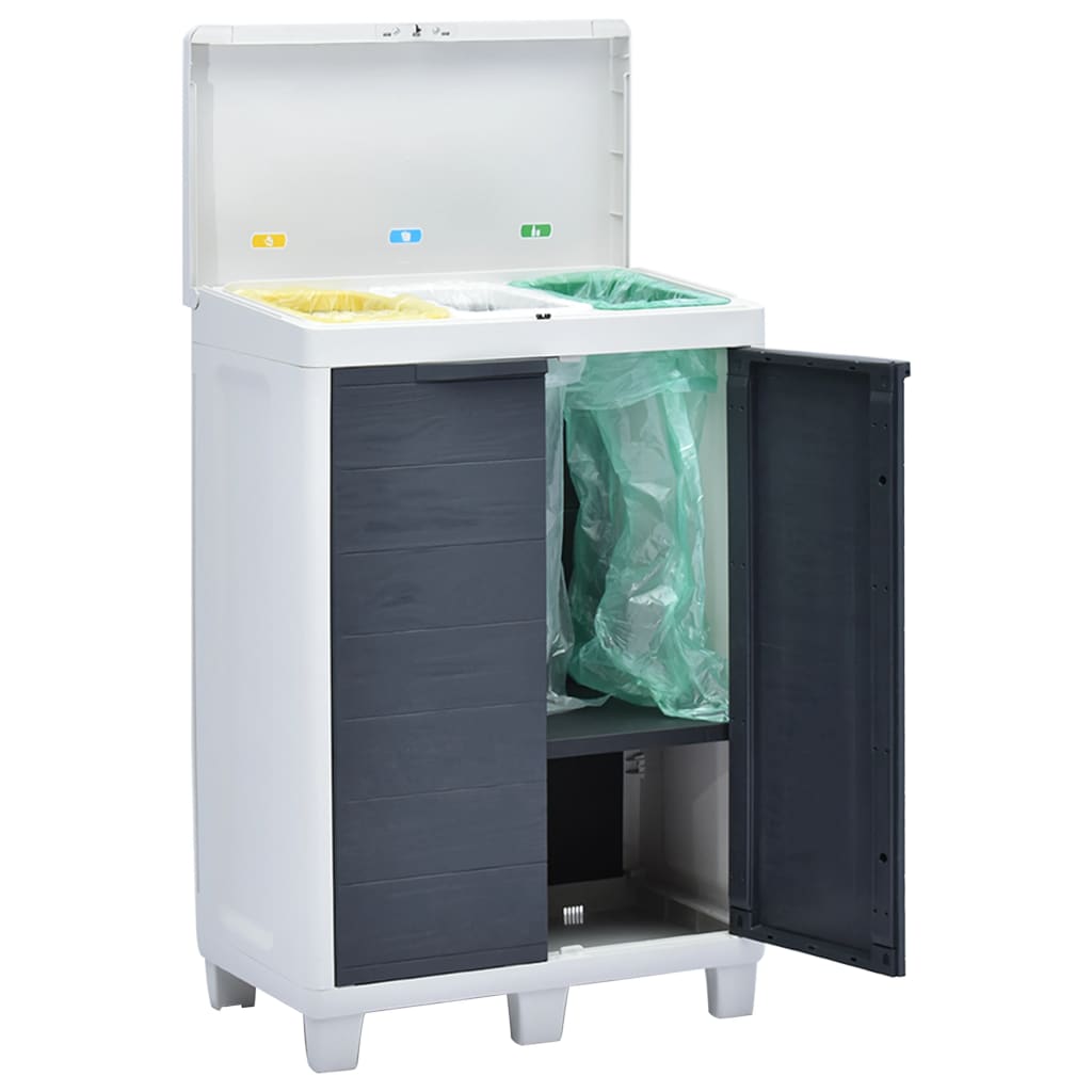 Dark gray plastic garden dustbin with open lid, three color-coded bag holders, and open doors showing green liner.
