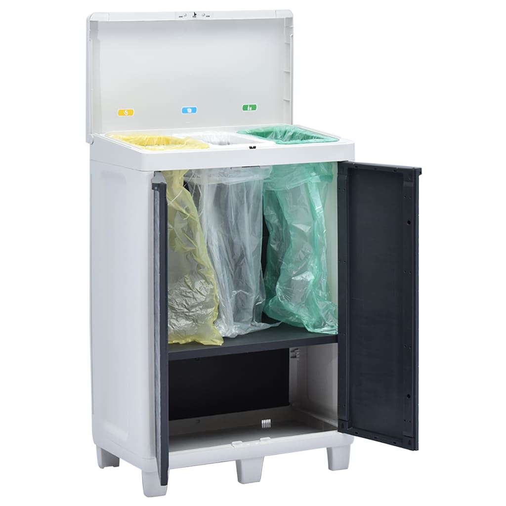White and gray plastic garden dustbin with open lid and three color-coded bag holders for sorting waste.