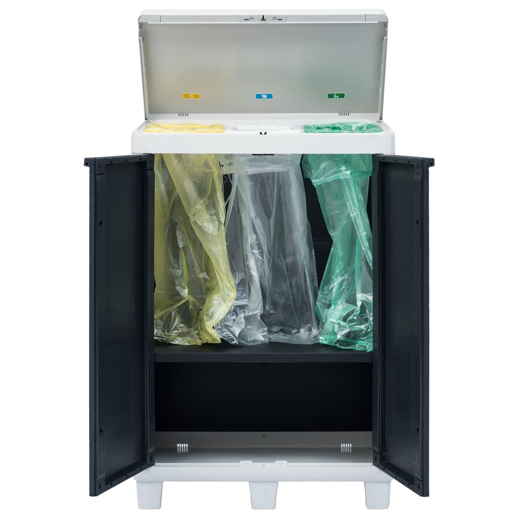 Dark gray plastic garden dustbin with open lid and three color-coded bag holders for sorting waste.