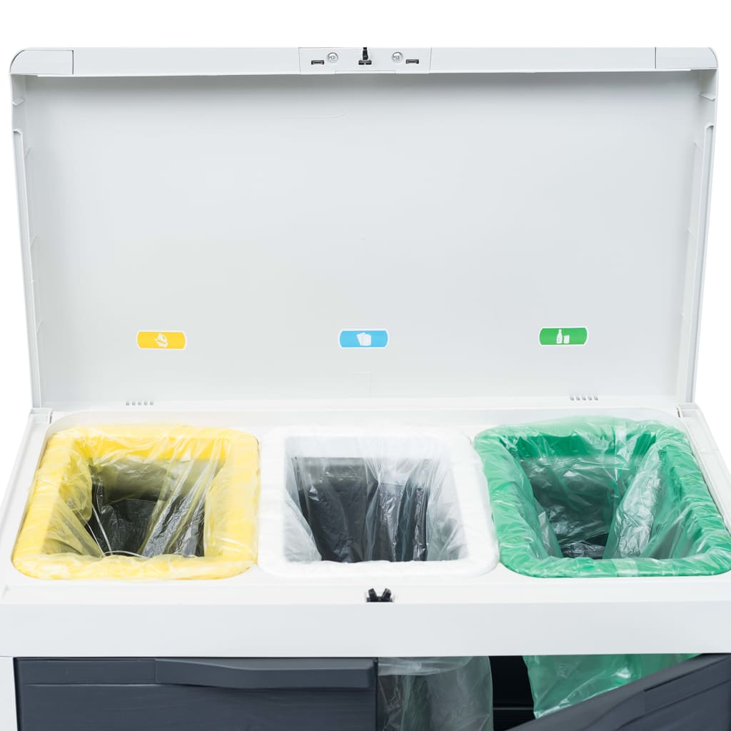 Open dark gray plastic garden dustbin with three color-coded bag holders for sorting waste.
