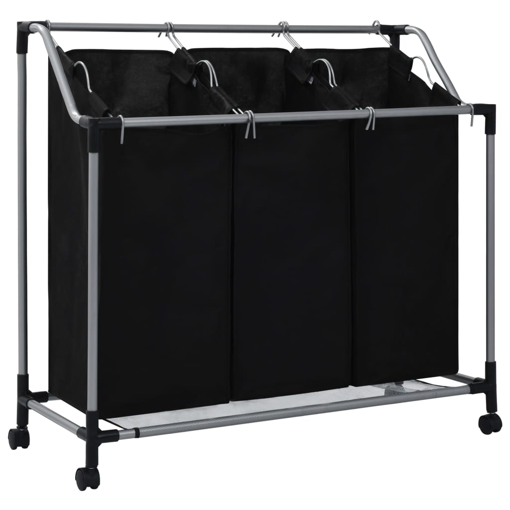 Black steel laundry sorter with three removable bags on a wheeled frame.