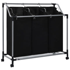 Black steel laundry sorter with three removable bags on a wheeled frame.