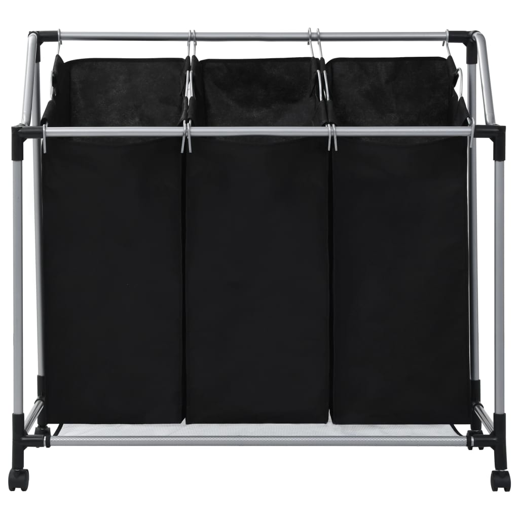 Black steel laundry sorter with three removable black fabric bags on a wheeled frame.