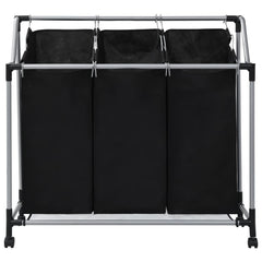 Black steel laundry sorter with three removable black fabric bags on a wheeled frame.