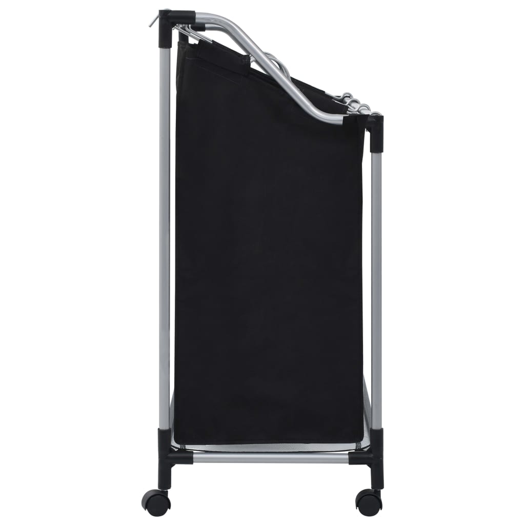 Black steel laundry sorter with three removable bags on wheels.