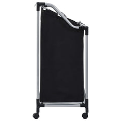 Black steel laundry sorter with three removable bags on wheels.