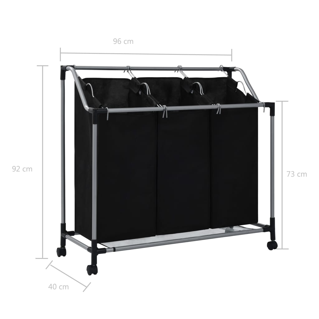 Black steel laundry sorter with three removable fabric bags and wheels, dimensions shown.