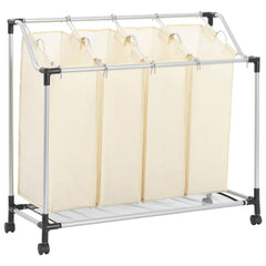 Cream steel laundry sorter with four removable beige fabric bags on a wheeled frame.