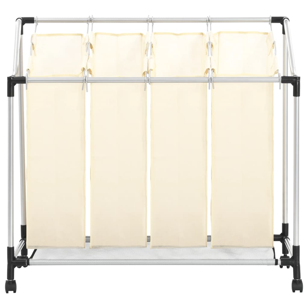 Cream steel laundry sorter with 4 removable bags on wheeled frame.