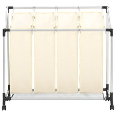 Cream steel laundry sorter with 4 removable bags on wheeled frame.