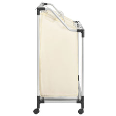 Cream steel laundry sorter with 4 removable bags on a wheeled frame.