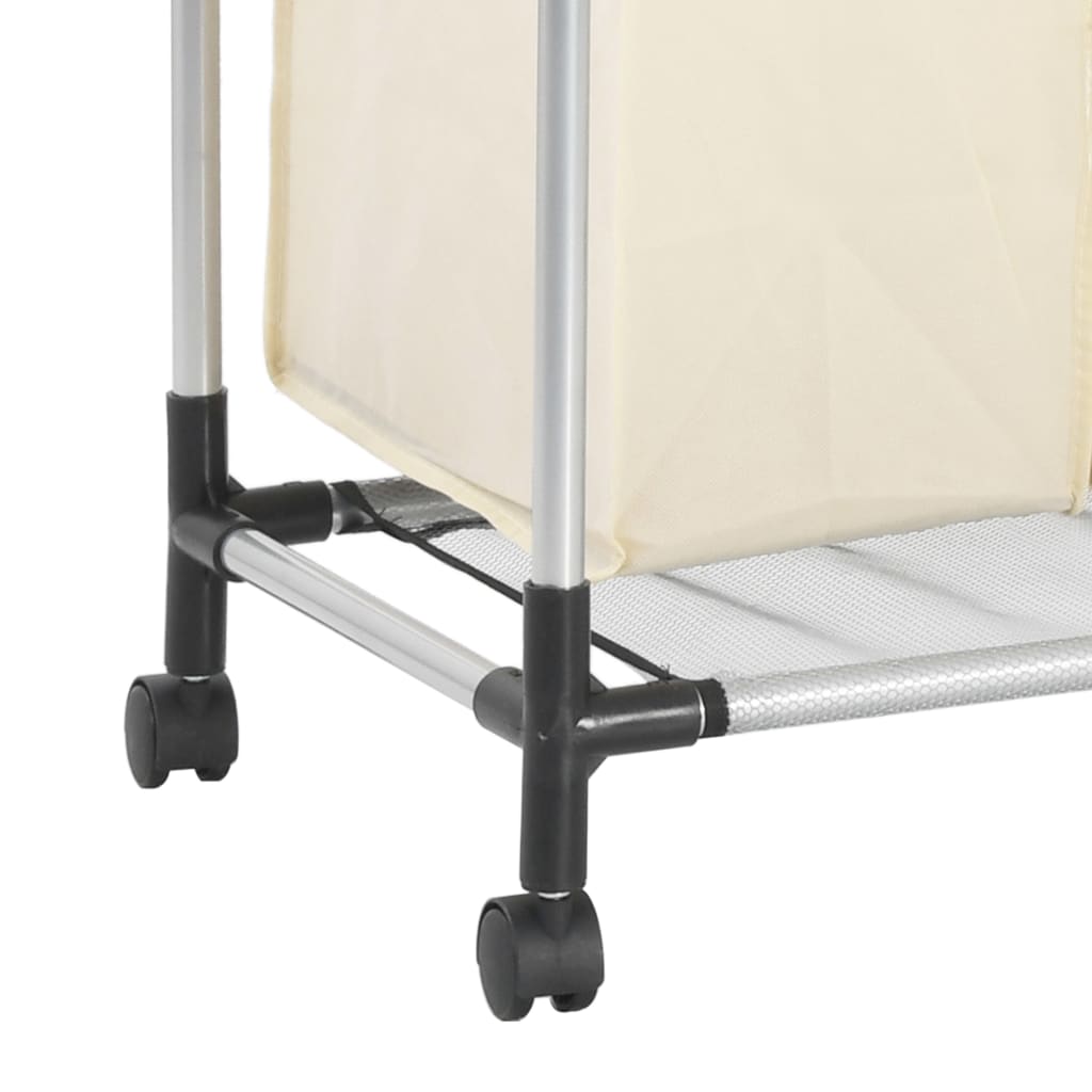 Cream steel laundry sorter with 4 removable bags on wheels.