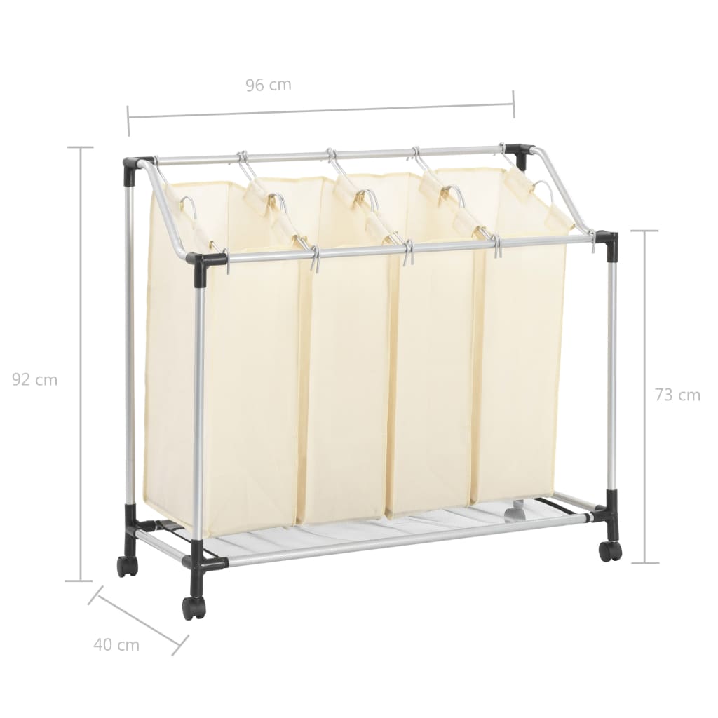 Cream steel laundry sorter with 4 removable fabric bags on a wheeled frame, dimensions shown.