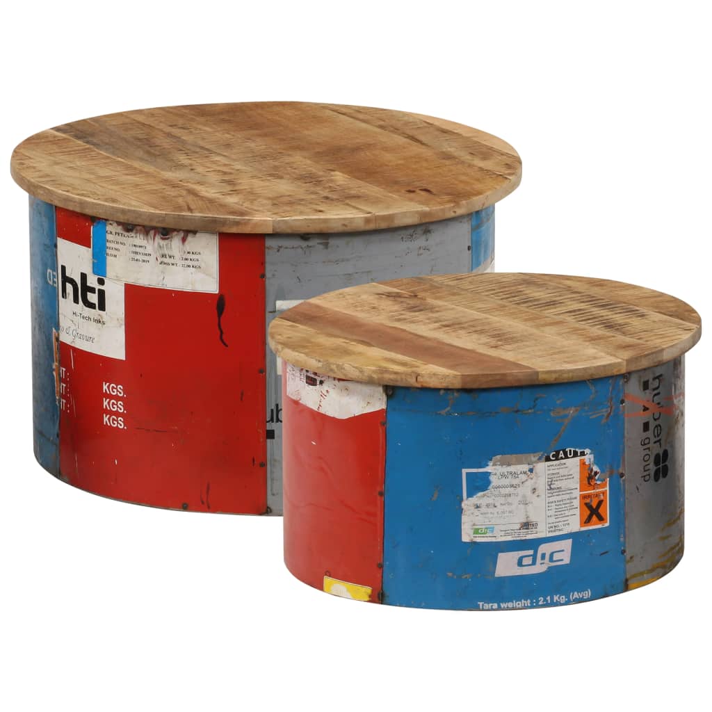 Coffee Table Set of 2 Multicolor Solid mango wood, old tin sheet