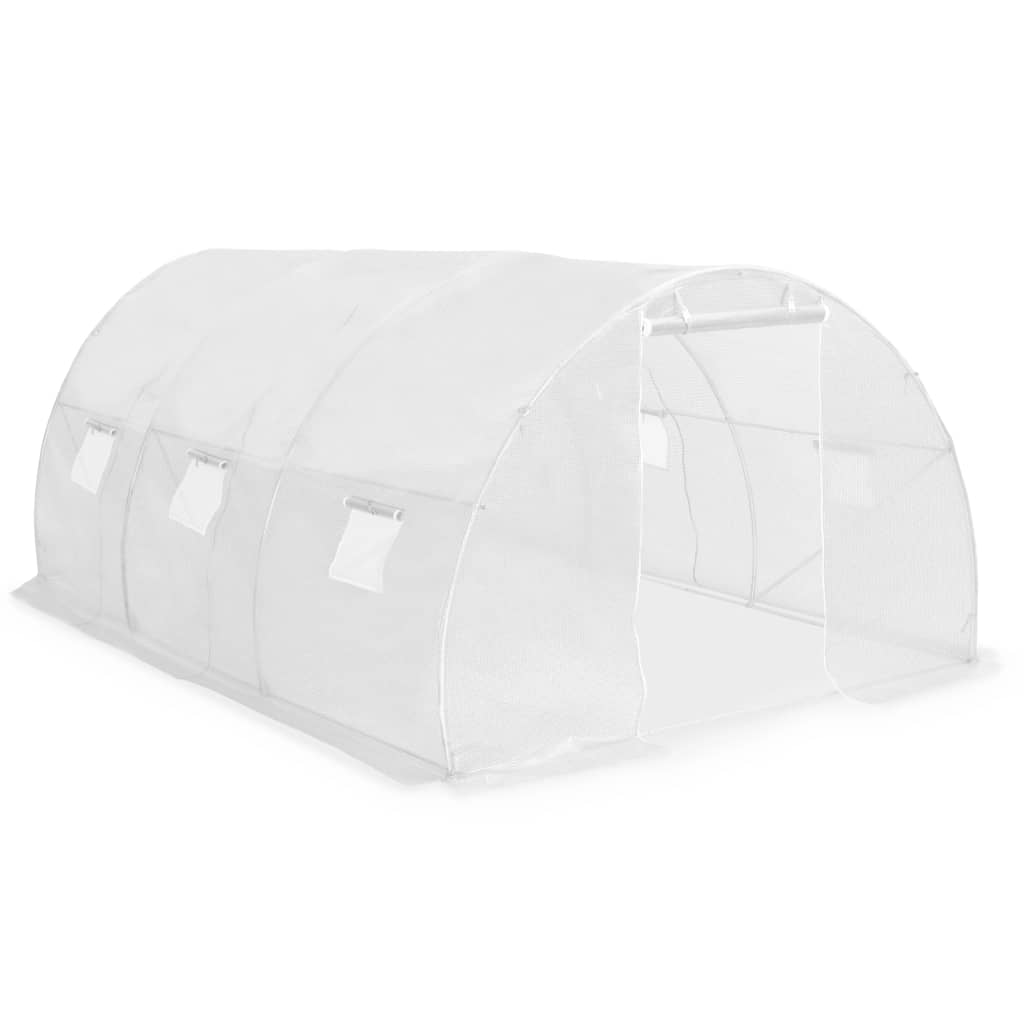 White PE mesh greenhouse with arched frame, measuring 177.2x118.1x78.7 inches, featuring windows and door.