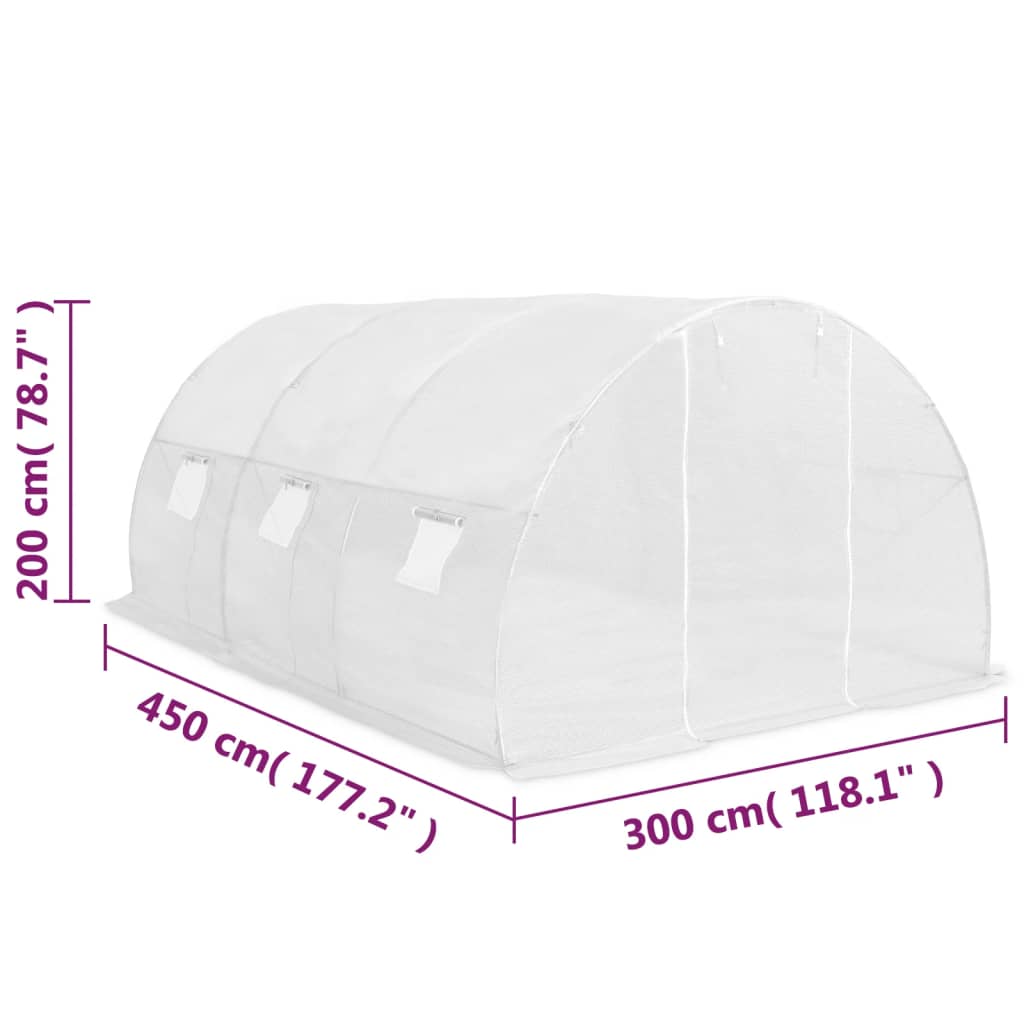 White PE mesh greenhouse measuring 177.2 x 118.1 x 78.7 inches with arched frame and windows.