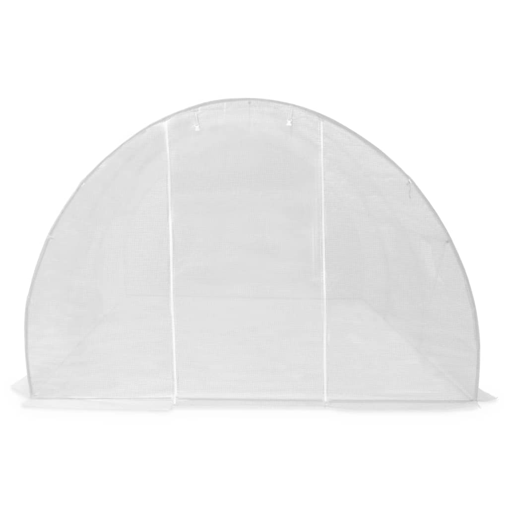 White PE mesh greenhouse with arched frame, measuring 177.2x118.1x78.7 inches.