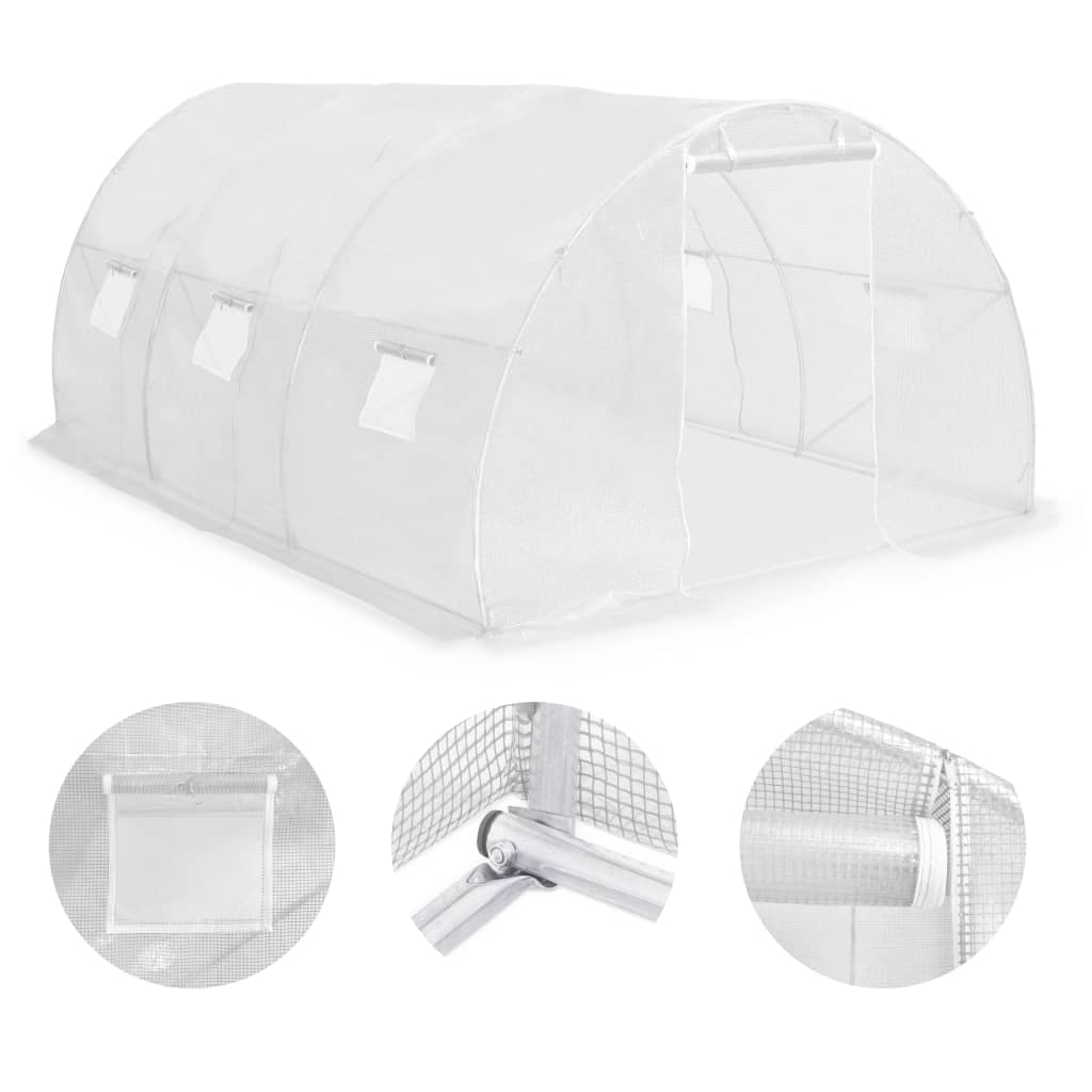 White PE mesh greenhouse measuring 177.2x118.1x78.7 inches with galvanized frame and zippered windows.