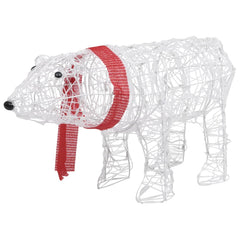 White wireframe polar bear with red scarf, featuring 45 cold-white LEDs for Christmas decoration.
