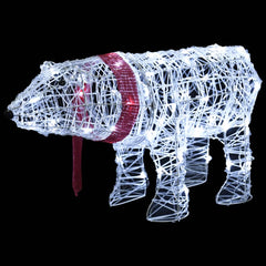 White wireframe acrylic polar bear Christmas light decoration with red scarf and 45 LEDs.