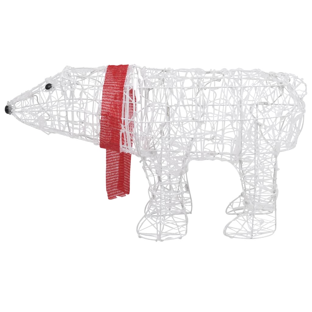 White wireframe polar bear with red scarf, featuring 45 cold-white LEDs for Christmas decoration.