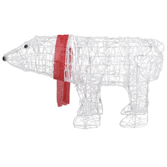 White wireframe polar bear with red scarf, featuring 45 cold-white LEDs for Christmas decoration.