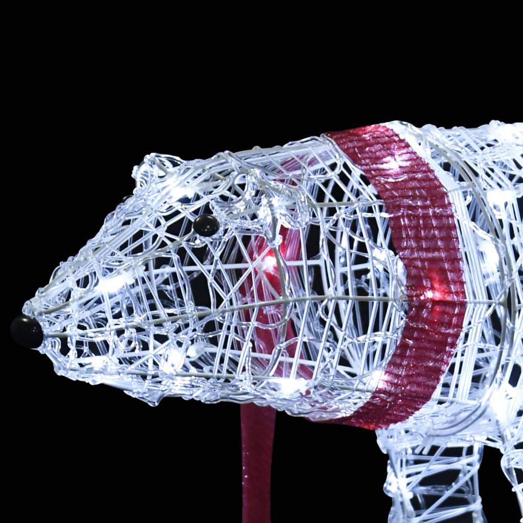 Acrylic polar bear Christmas light decoration with 45 white LEDs and red scarf.