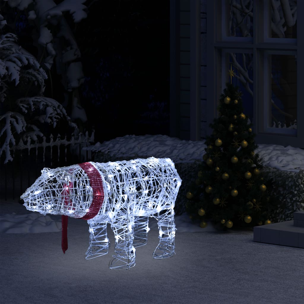White wireframe polar bear with red scarf and 45 LEDs, outdoor Christmas decoration.