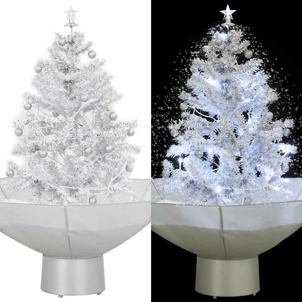 2 ft white artificial Christmas tree with snowing effect and umbrella base.