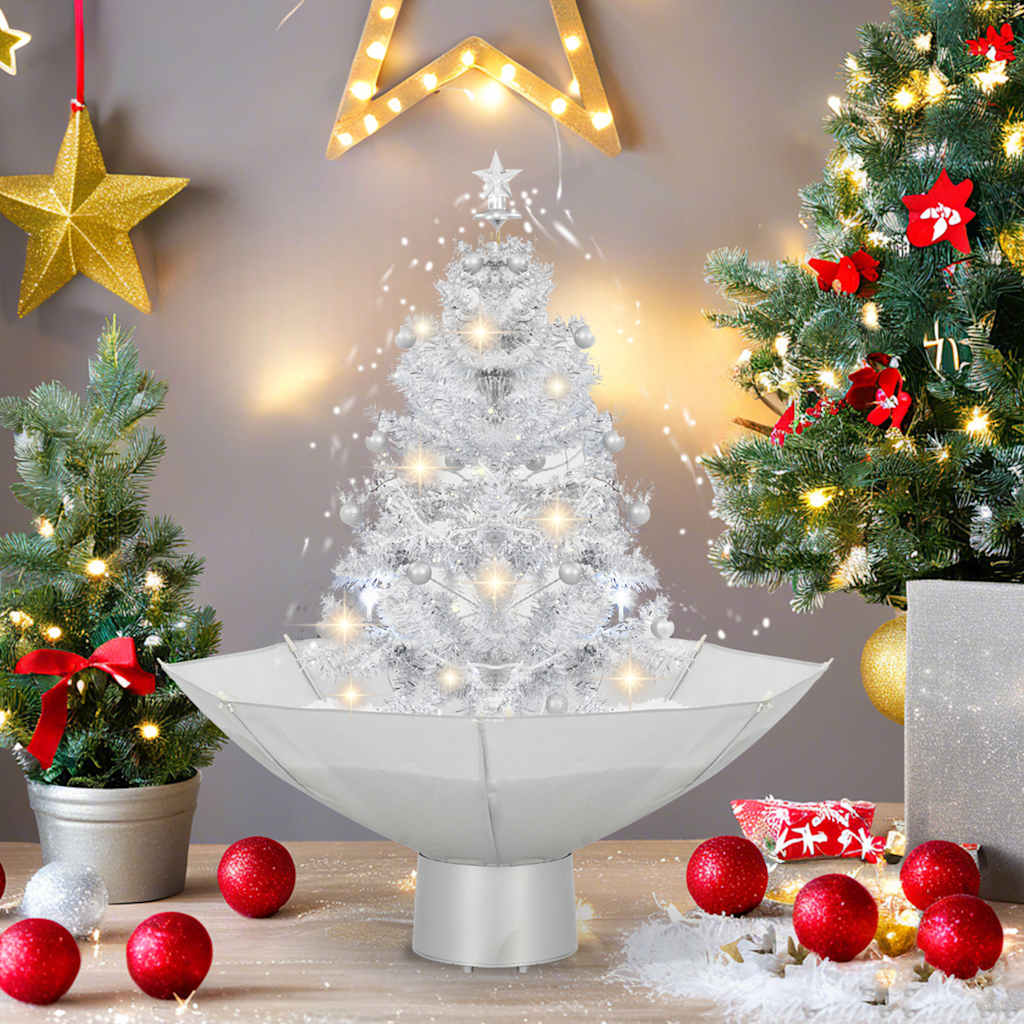 2 ft white snowing Christmas tree with umbrella base and integrated LED lights