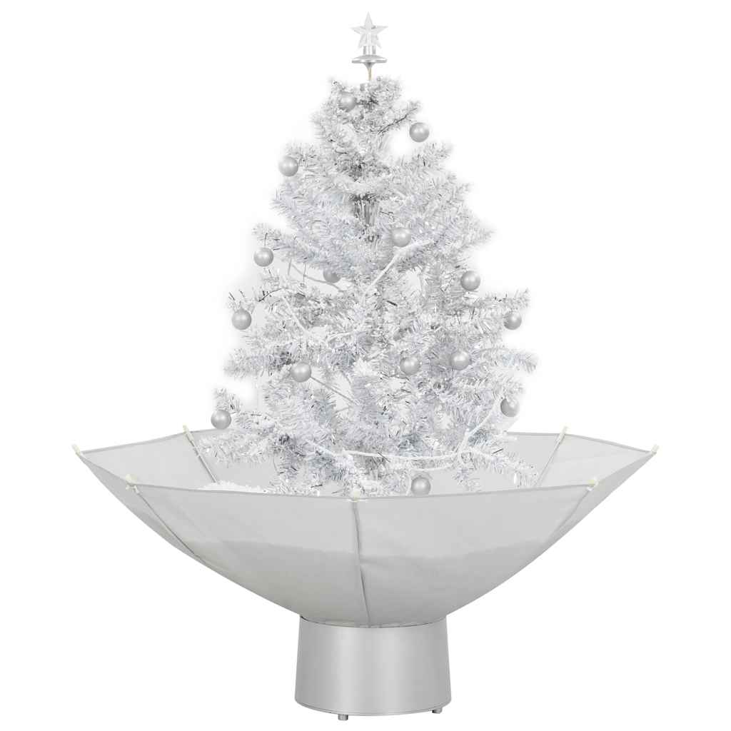 A 2 ft white artificial Christmas tree with snowing effect, LED lights, baubles, and umbrella base.